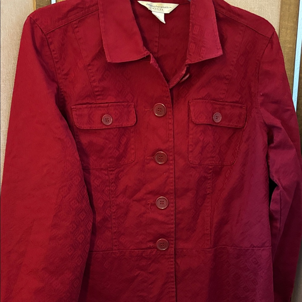 FINAL MARKDOWN Christopher & Banks Deep Red print on print Jacket petite xl